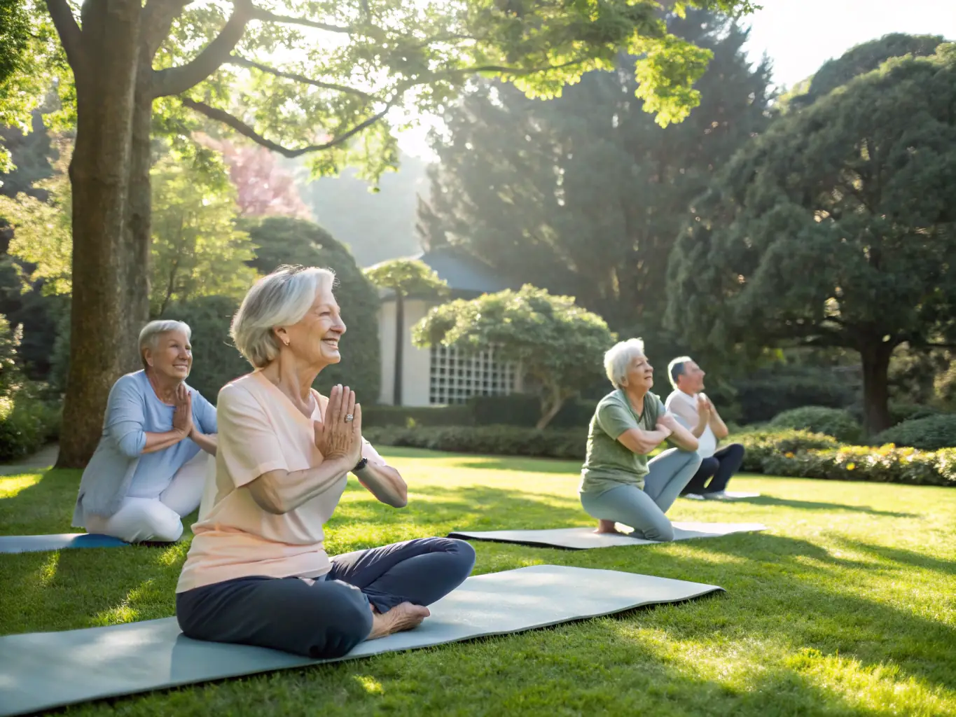 An image depicting a group of seniors participating in a gentle yoga session in a park, highlighting the benefits of yoga for flexibility and relaxation.