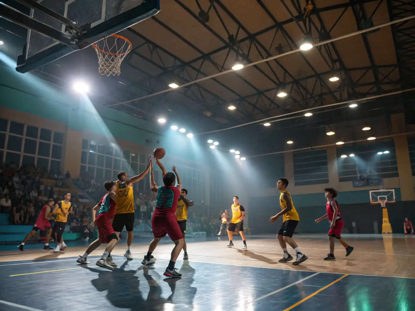 A vibrant image of a group of diverse individuals participating in a basketball game at a local community center, showcasing teamwork and active engagement.