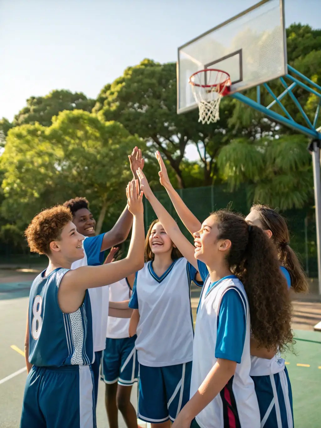 A group of children playing basketball in a park, showcasing youth engagement in sports.