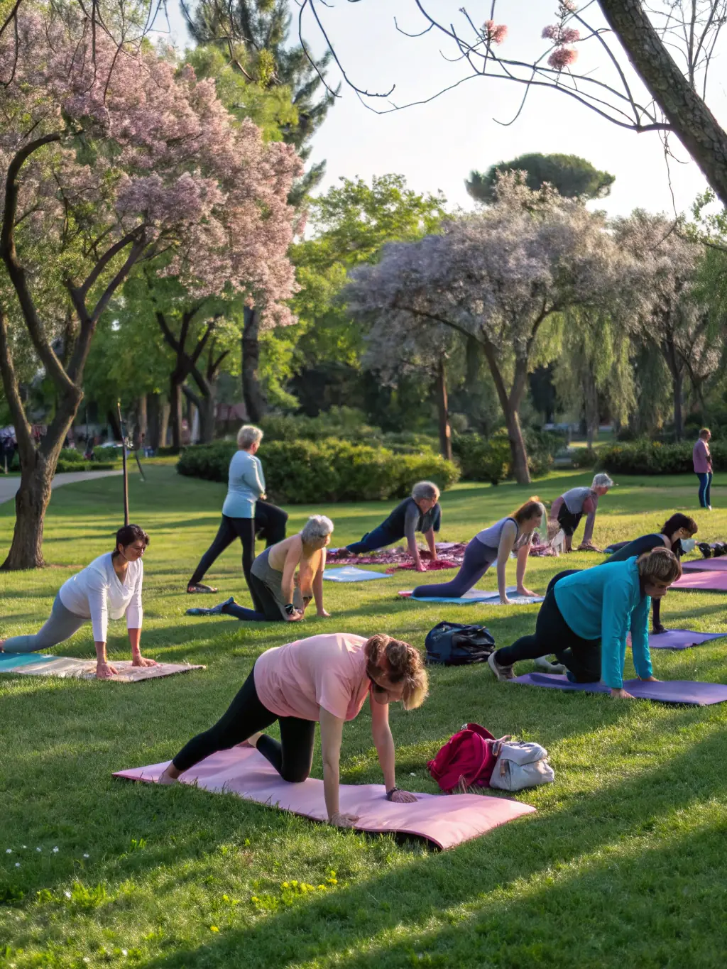 A diverse group of adults participating in a yoga class outdoors, emphasizing inclusivity and well-being.