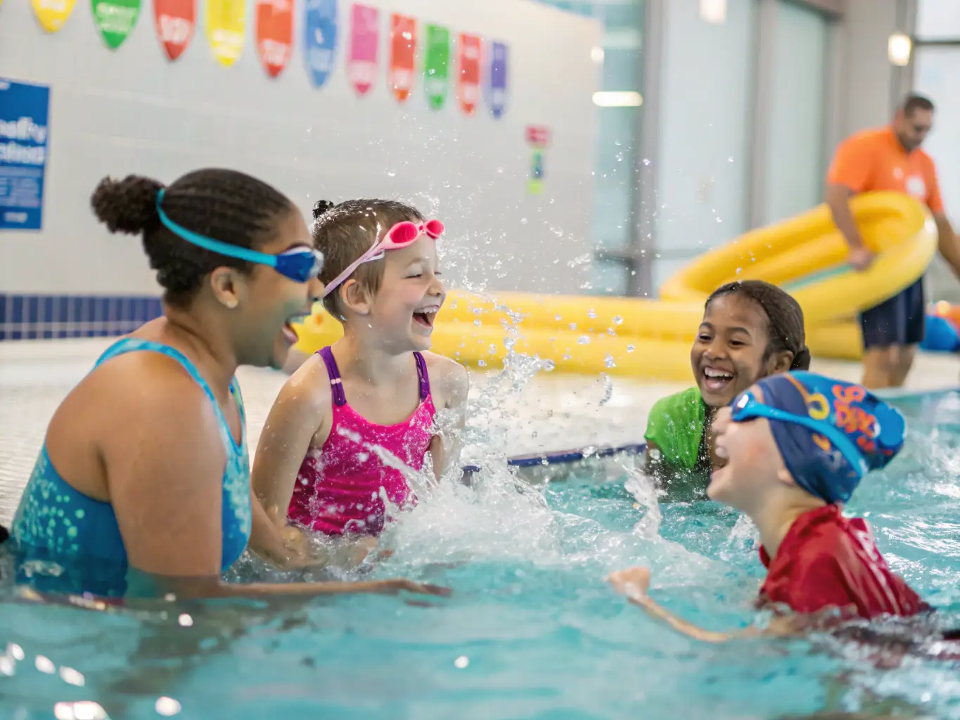 A photograph capturing a group of children learning to swim in an indoor pool, emphasizing safety and enjoyment under the guidance of certified instructors.